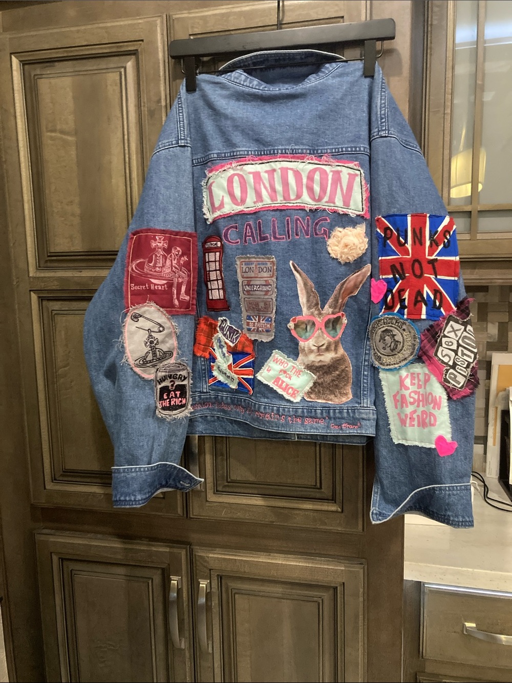 Hand Crafted Blue Denim Jacket with Pink & Red Patches